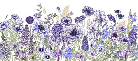 Illustration for Seamless vector pattern blue flowers. Irises, cornflowers, bluebells, pansies, anemones, lupine, chicory, hiancinth, crocuses, speedwell, periwinkle, muscari, scilla, eryngium, allium - Royalty Free Image