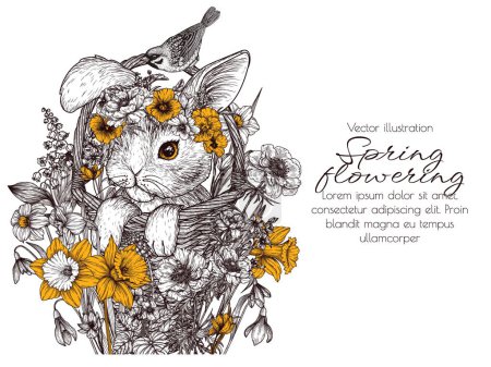 Téléchargez les illustrations : Carte vectorielle lapin dans un panier avec une couronne de fleurs de printemps et un moineau - en licence libre de droit