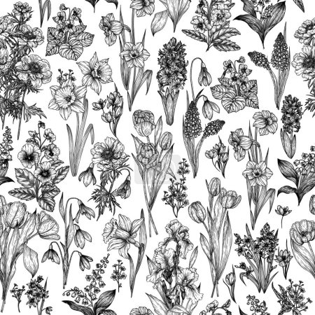  Seamless vector pattern of blooming spring garden. Snowdrops, crocuses, brunnera, tulips, muscari, hyacinths, irises, daffodil, pansies, lily of the valley, anemone, scilla, viola