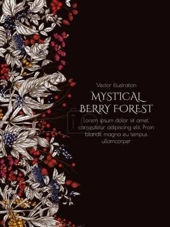  Vector frame of forest berries. Cornus sanguinea, sea buckthorn, rose hips, ligustrum, hawthorn, elderberry, paris quadrifolia, lily of the valley berries, euonymus