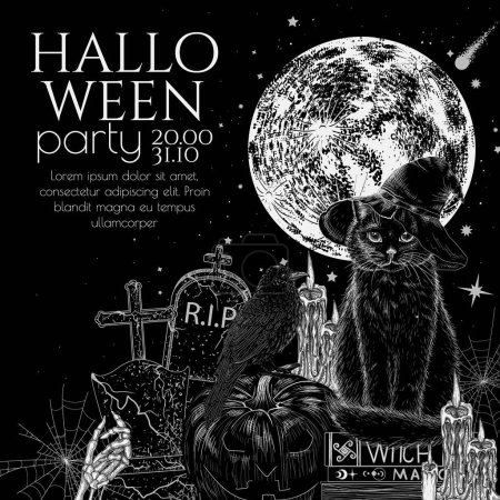   Modèle d'invitation vectoriel Halloween en style gravure. Un chat noir dans un chapeau est assis sur des livres, corbeau, citrouille, bougies, pleine lune
