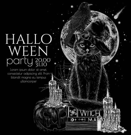  Vector Halloween invitation template in engraving style. A black cat in a hat sits on books, raven, pumpkin, candles, full moon