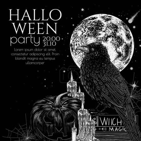   Vector Halloween invitation template in engraving style. Raven sitting on magic books with a carved pumpkin and candles against the backdrop of the full moon