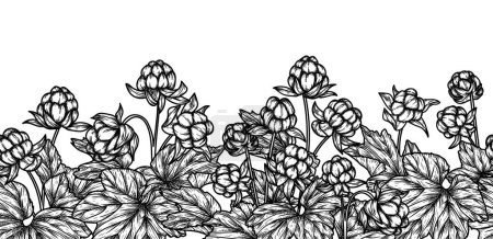 Seamless horizontal vector pattern of cloudberry garden in engraving style
