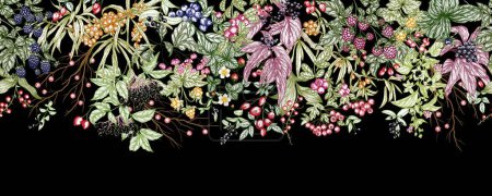  Seamless horizontal pattern of forest berries. Cowberry, sea buckthorn, rose hips, ligustrum, hawthorn, elderberry, paris, blackberry, euonymus, belladonna, strawberry, blueberry, cloudberry