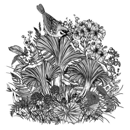  Ilustración vectorial de champiñones de cantarela en el bosque con un gorrión. Bayas, flores y plantas silvestres
