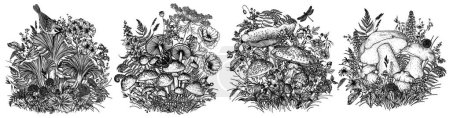  Vektorset aus 4 Waldbüschen mit Pilzen. Fliegenpilz, Steinpilz, Pfifferlinge, Honigpilze, Waldpflanzen, Blumen, Beeren, Sperling, Libelle, Schnecke, Schmetterlinge