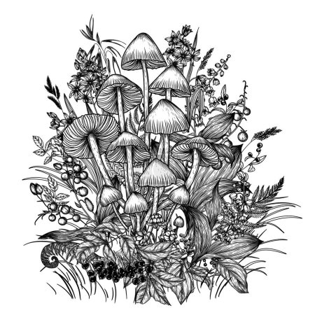 Ilustración de Ilustración vectorial del hongo capó común en el bosque. Bayas silvestres, flores y plantas en estilo grabado - Imagen libre de derechos