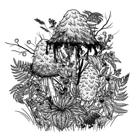Ilustración de Ilustración vectorial del hongo Coprinus comatus en el bosque. Bayas silvestres, flores y plantas en estilo grabado - Imagen libre de derechos