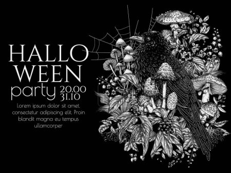  Illustration vectorielle de l'invitation d'Halloween avec corbeau mystique entouré de baies sauvages, fleurs, champignons, toiles d'araignée en style gravure
