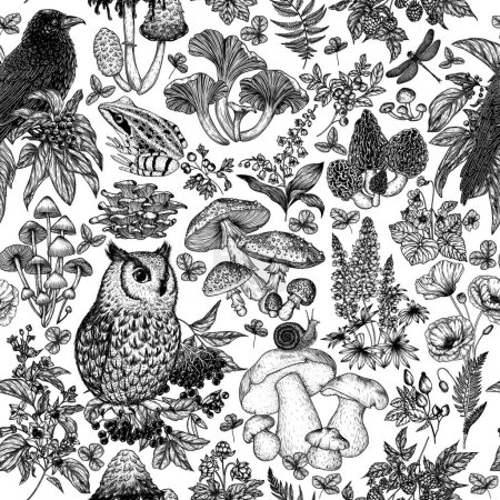  Seamless vector pattern forest flora and fauna. Birds, animals, berries, mushrooms, flowers, plants. Frog, owl, raven, snail, raspberry, blackberry, fly agaric, porcini mushroom, chanterelles, lupine