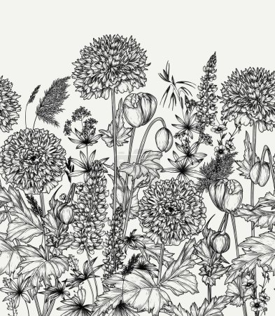Ilustración de Patrón vectorial horizontal sin costuras jardín floreciente de verano. Amapolas dobles decorativas y flores de altramuz - Imagen libre de derechos