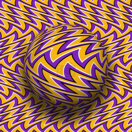 Optical illusion of falling sphere with zigzag deformed striped pattern on same patterned background.