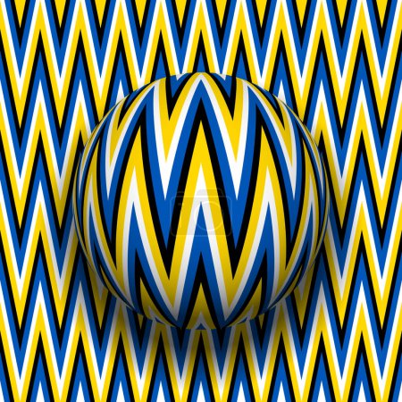 Optical illusion of sliding sphere with zigzag striped pattern on same patterned background.