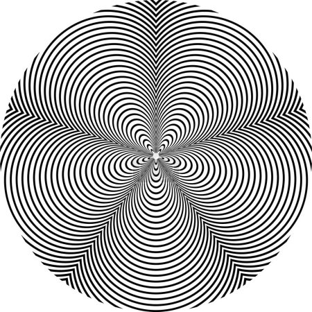 Téléchargez les illustrations : Optical art five-petal patterned circle of black stripes. Round psychedelic ripple background design. - en licence libre de droit