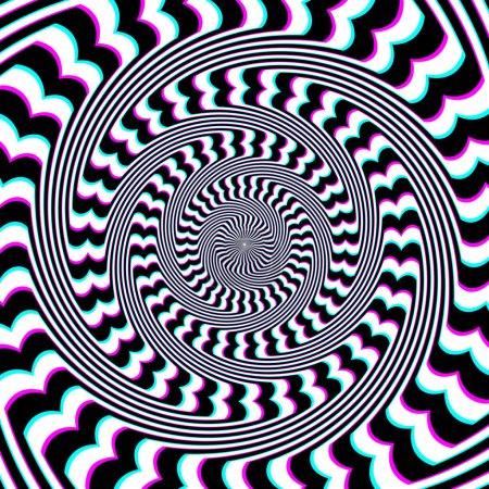 Optical art circle of white black and cyan magenta distorted striped pattern. Psychedelic background design.