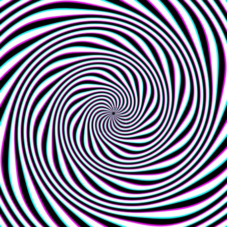 Circular background of white black and cyan magenta spiral striped pattern. Psychedelic optical art design.