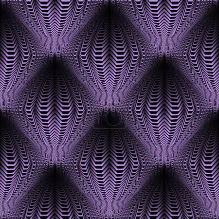 Vector repeatable pattern of volumetric shapes from lines. Optical art black and purple gradient texture for wallpaper design.