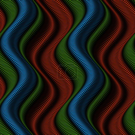 Vector repeatable pattern of vertical color waves from lines. Optical art green blue and orange gradient texture for design.