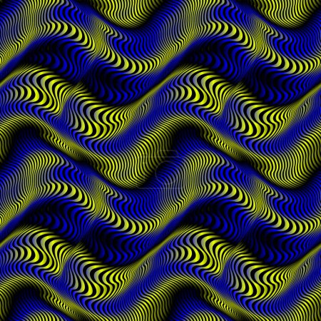 Vector repeatable pattern of color waves from winding lines. Optical art blue and yellow gradient texture for design.