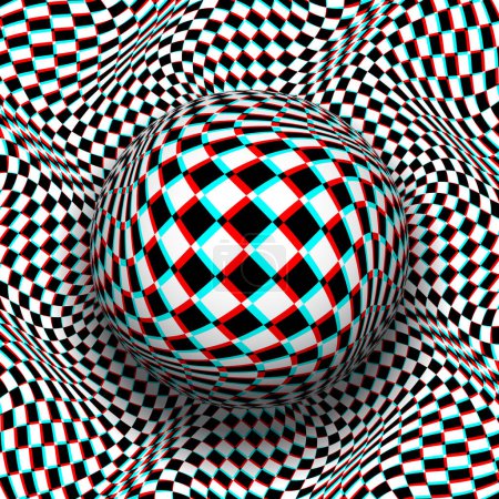 Illustration for Trippy checkered sphere on same patterned distorted background in red cyan anaglyph style. Psychedelic vector optical art illustration. - Royalty Free Image