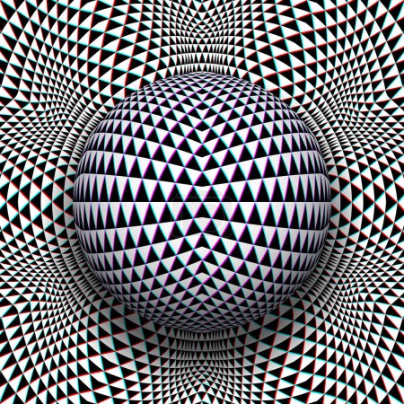 Trippy sphere of triangles on same patterned background in anaglyph style. Psychedelic vector optical art illustration.