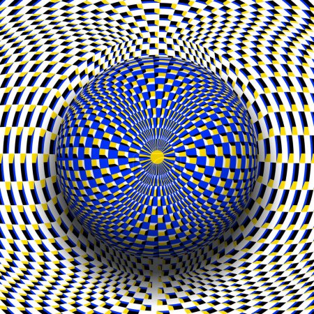 Patterned sphere on distorted background in black white yellow blue cubic grid. Psychedelic vector optical illusion illustration.