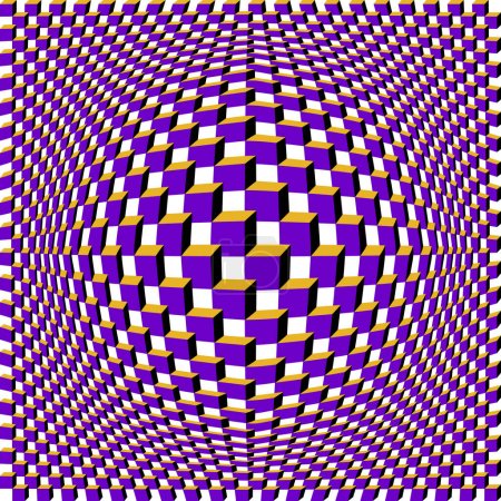 Abstrakcja sztuki optycznej z opuchniętą siatką fioletowych złotych czarnych kostek. Ilustracja Trippy iluzja.