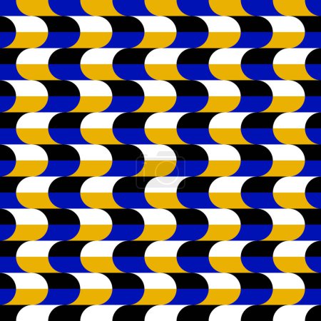 Ilustración de Patrón vibrante sin costuras con formas geométricas azules, amarillas, blancas y negras, generando una fascinante ilusión óptica de movimiento. Perfecto para fondos de pantalla modernos y textiles. - Imagen libre de derechos