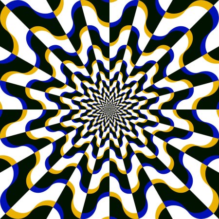 Optical illusion circular pattern of wavy golden, blue and black shapes. Vibrating background design for visual meditation
