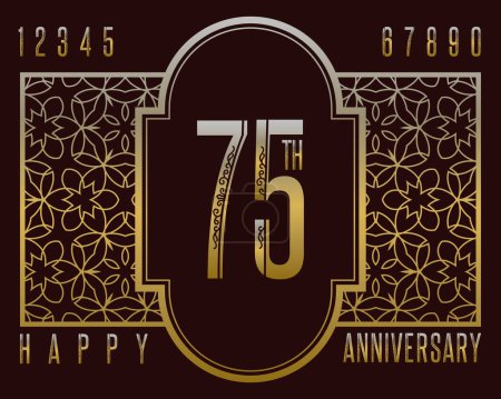 Illustration for Anniversary greeting card in exquisite style. Golden numbers, vintage frame and Happy Anniversary inscription in set for designer. - Royalty Free Image