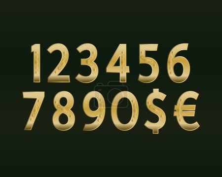 Illustration for Minted golden numbers and currency signs witn decor. Typography style for price tag design. - Royalty Free Image