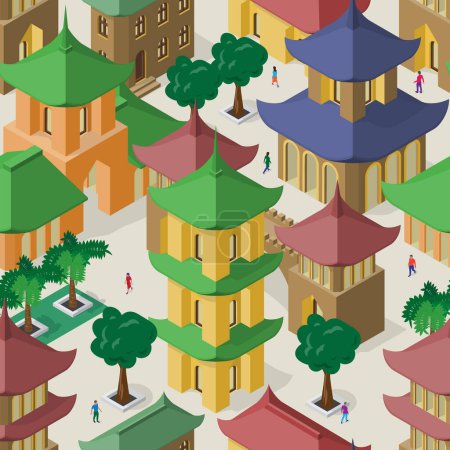 Seamless pattern with buildings in isometric view. Houses, pagodas, trees and people on wallpaper design.