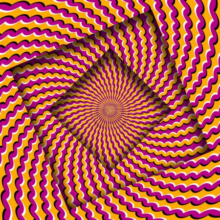 Ilustración de Marcos torneados abstractos con una espiral ondulada rosada giratoria de color naranja. Fondo de ilusión óptica. - Imagen libre de derechos