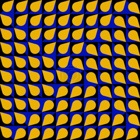 Yellow drops on blue-black cells. It seems that drops are flying in different directions across the square. Optical illusion background. Can be used as frames.