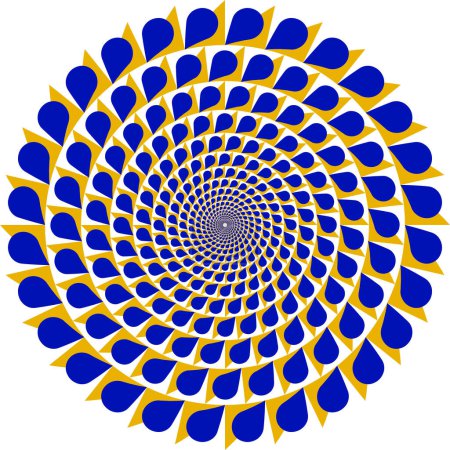 Kreisförmiges Spiralmuster blauer Tropfen in gelben weißen Zellen. Es scheint, als bewegten sie sich langsam. Optische Täuschung Hintergrund. Runder farbiger Rahmen.