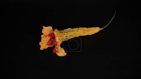 Foto de Enfoque selectivo en la calabaza amarilla amarilla sobre maduro y estallar con semillas rojas aisladas sobre fondo negro - Imagen libre de derechos