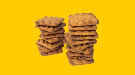 Téléchargez les photos : Deux piles de biscuits cachés et recherchés sur fond jaune - en image libre de droit