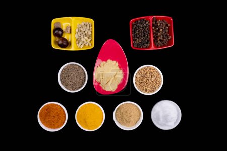 Photo for Six Round Bowls, Tow Double Box Square Bowl And One Long Red Small Bowl Filled With Spices. Isolated On Black Background. Spices Like, Coriander Seeds, Cumin Seeds, Red Chili Powder, Turmeric Powder, Salt, Black Pepper, Clove, Cardamom Or Elaichi, Hi - Royalty Free Image