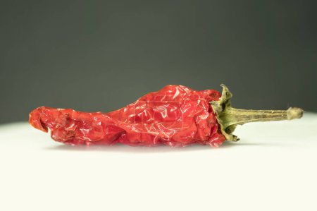 Aged Elegance : The Vivid Texture of a Wrinkled Red Chili Pepper, Cette image comporte un seul piment rouge vieilli avec une texture ridée prononcée. La surface rouge vif et brillante du chili