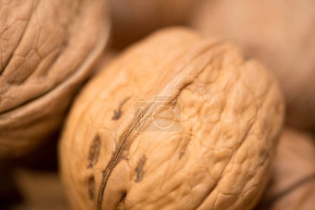 Golden Delight: A Close-Up of Textured Walnuts, This image features a close-up view of golden brown walnuts, their intricate textures beautifully highlighted. Each walnut, encased in its shell