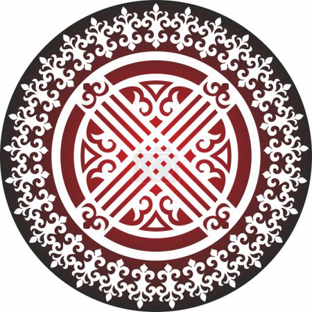 Illustration for Vector red round kazakh ornament shanyrak. circle on the roof of the yurt. Patterns of the peoples of the great steppe. Asian border in a circle. Mongolia, Kalmykia, Bashkiria, Buryatia, Kyrgyzstan. - Royalty Free Image