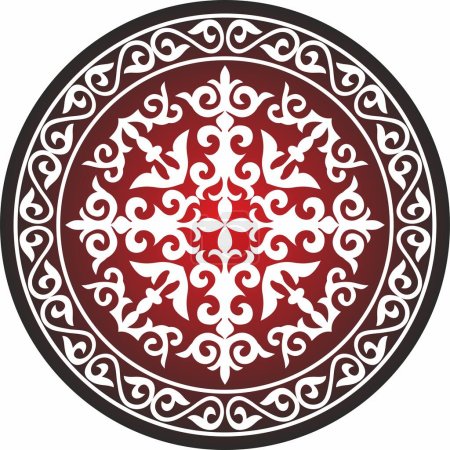 Illustration for Vector red round kazakh ornament shanyrak. circle on the roof of the yurt. Patterns of the peoples of the great steppe. Asian border in a circle. Mongolia, Kalmykia, Bashkiria, Buryatia, Kyrgyzstan. - Royalty Free Image