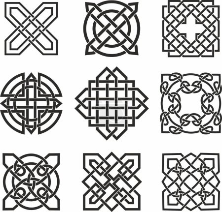 Téléchargez les illustrations : Ensemble monochrome noir vectoriel de nœuds celtiques. Ornements de peuples européens anciens. Signes et symboles des Irlandais, Écossais, Britanniques, Francs - en licence libre de droit