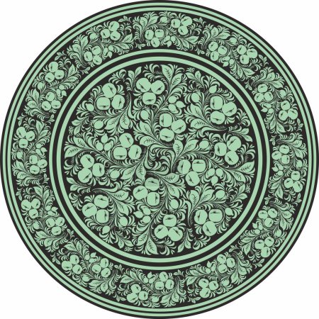 Illustration for Vector green round Russian folk ornament Khokhloma. National endless circle, tray, plate of Slavic peoples, Belarusians, Ukrainians - Royalty Free Image