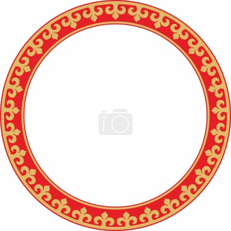 Vector de oro y rojo kazajo patrón redondo nacional, marco. Adorno étnico de los pueblos nómadas de Asia, la Gran Estepa, kazajos, kirguisos, kalmyks, mongoles, buriats, turcomanos