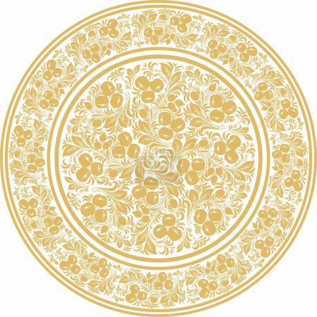 Illustration for Vector gold round Russian folk ornament Khokhloma. National endless circle, tray, plate of Slavic peoples, Belarusians, Ukrainians - Royalty Free Image