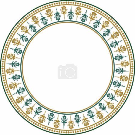 Illustration for Vector golden and green round byzantine ornament. Circle, border, frame of ancient Greece and Eastern Roman Empire. Decoration of the Russian Orthodox Church - Royalty Free Image