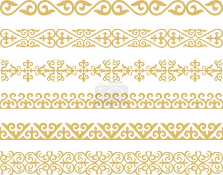Illustration for Set of vector gold seamless Kazakh national ornament. Ethnic pattern of the nomadic peoples of the great steppe, the Turks. Border, frame Mongols, Kyrgyz, Buryats, Kalmyks - Royalty Free Image