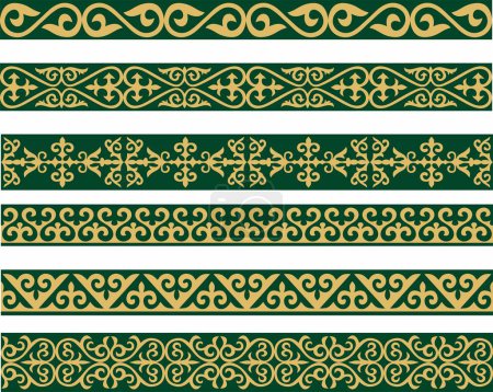 Illustration for Set of vector gold and green seamless Kazakh national ornament. Ethnic pattern of the nomadic peoples of the great steppe, the Turks. Border, frame Mongols, Kyrgyz, Buryats, Kalmyks - Royalty Free Image